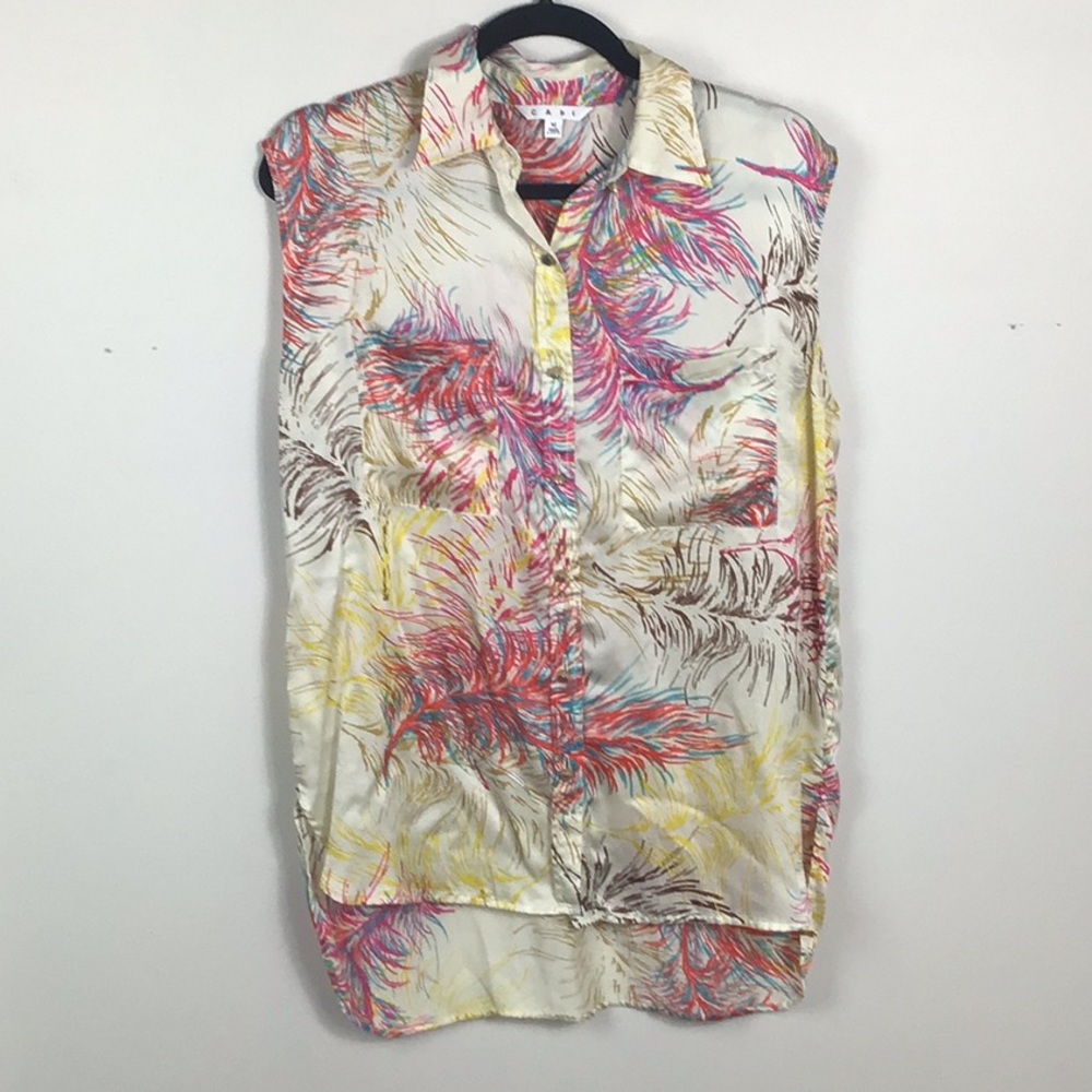 100% Silk Cabi sleeveless top button front tunic multi color feather print